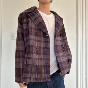 Vintage Y2K Purple Plaid Double Brest Peacoat Blazer Jacket